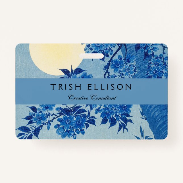 Blue Moonlit Tree: Japanese Cherry Blossom Night ID Badge (Front)