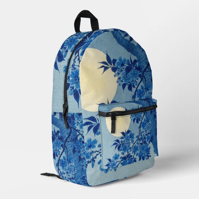 Blue Moonlit Tree: Japanese Cherry Blossom Night Printed Backpack (Back Corner Left)