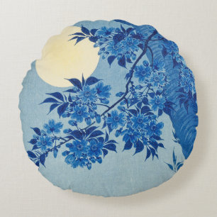 Blue Moonlit Tree: Japanese Cherry Blossom Night Round Cushion