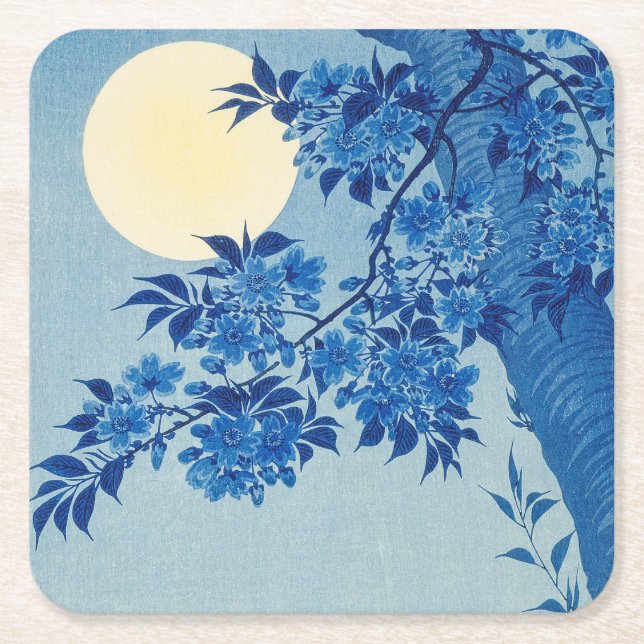 Blue Moonlit Tree: Japanese Cherry Blossom Night Square Paper Coaster (Front)