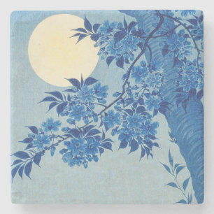 Blue Moonlit Tree: Japanese Cherry Blossom Night Stone Coaster