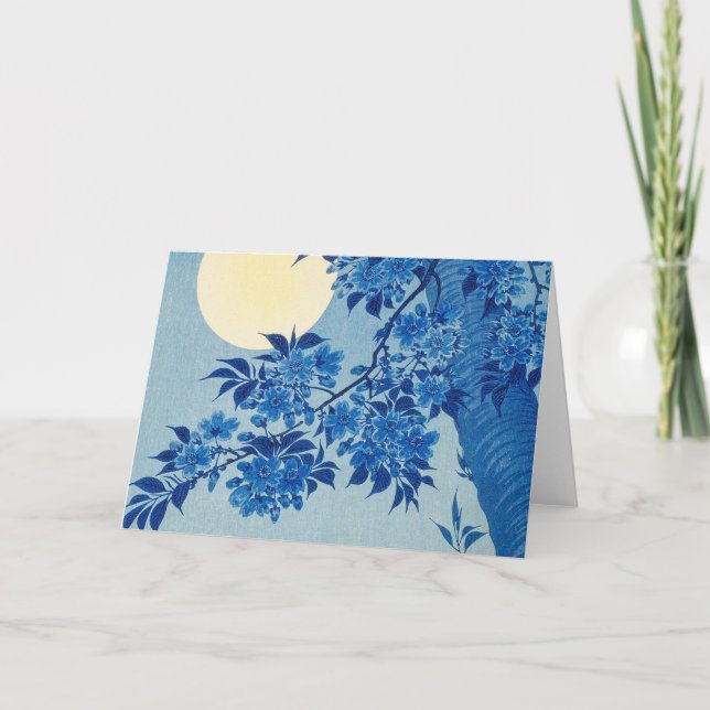 Blue Moonlit Tree: Japanese Cherry Blossom Night Thank You Card (Front)
