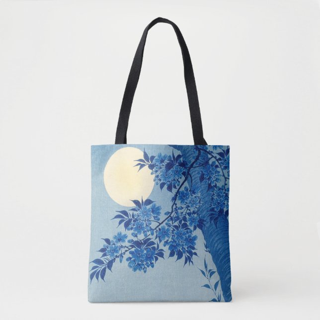 Blue Moonlit Tree: Japanese Cherry Blossom Night Tote Bag (Front)