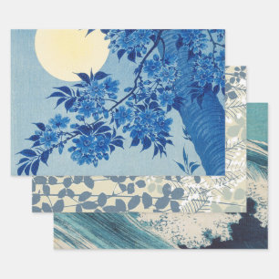 Blue Moonlit Tree: Japanese Cherry Blossom Night Wrapping Paper Sheet