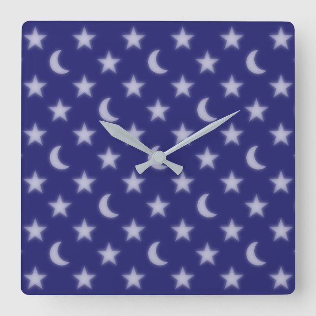 Blue moons and stars pattern square wall clock (Front)