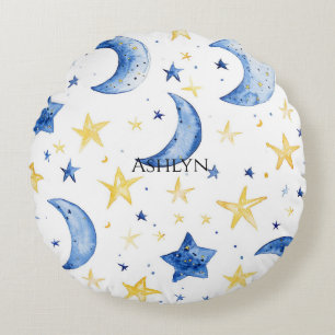 Blue Moons Gold Stars Round Cushion