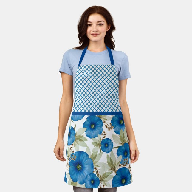 Blue Morning Glories, Lattice Work Personalised Apron (Worn)