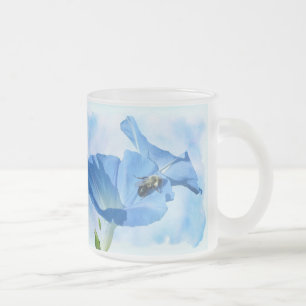 Blue Morning Glory and Bumblebee Frosted Glass Coffee Mug