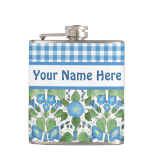 Blue Morning Glory and Check Gingham Hip Flask