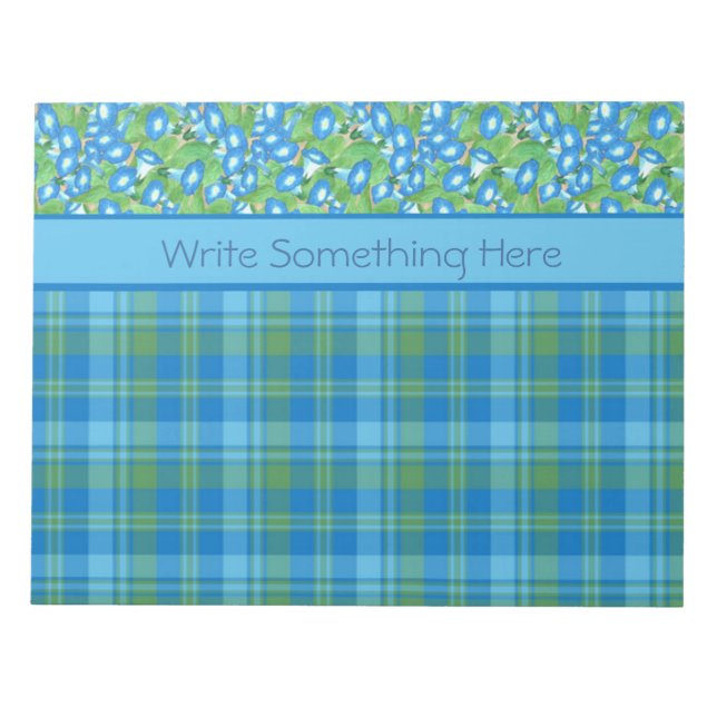 Blue Morning Glory and Plaid Notepad or Jotter (Front)