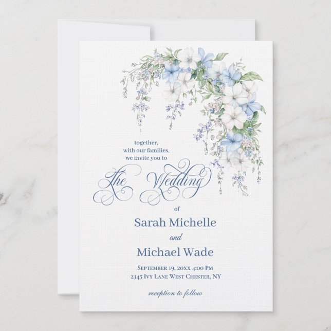 Blue Morning Glory Calligraphy Wedding Invitation (Front)