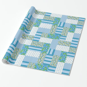 Blue Morning Glory Faux Patchwork Wrapping Paper