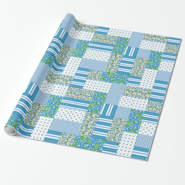 Blue Morning Glory Faux Patchwork Wrapping Paper (Unrolled)