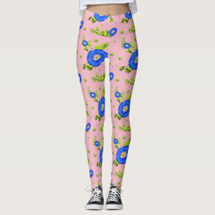 Blue Morning Glory Flowers Pattern ( Pale Pink ) Leggings