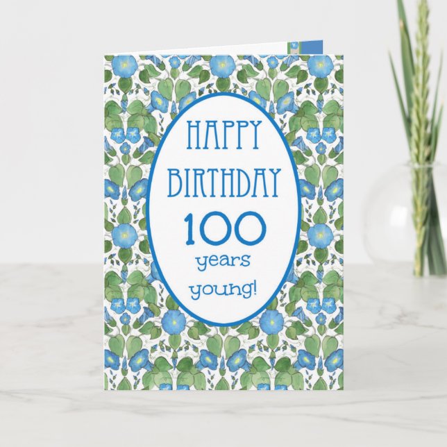 Blue Morning Glory, Pretty 100th Birthday Card (Front)