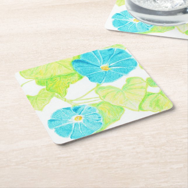 Blue Morning Glory Square Paper Coaster (Angled)