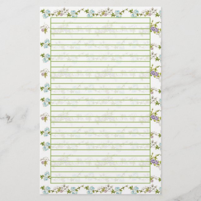 Blue Morning Glory Watercolor Flowers Lined Stationery (Front)