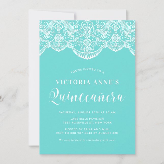 Blue Moroccan Lace Quinceañera Invitation (Front)