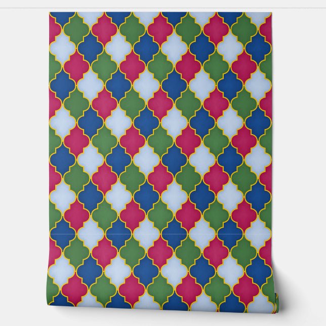 Blue Moroccan Lattice Geometric Wallpaper (Unrolling)