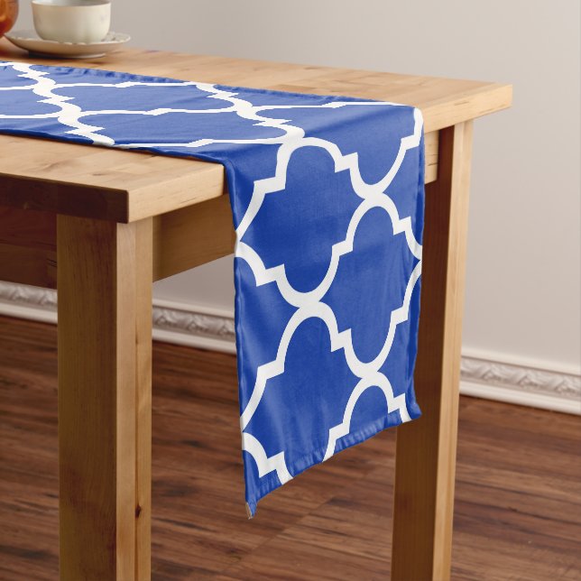 Blue Moroccan Quatrefoil Lattice Pattern Short Table Runner (In Situ)