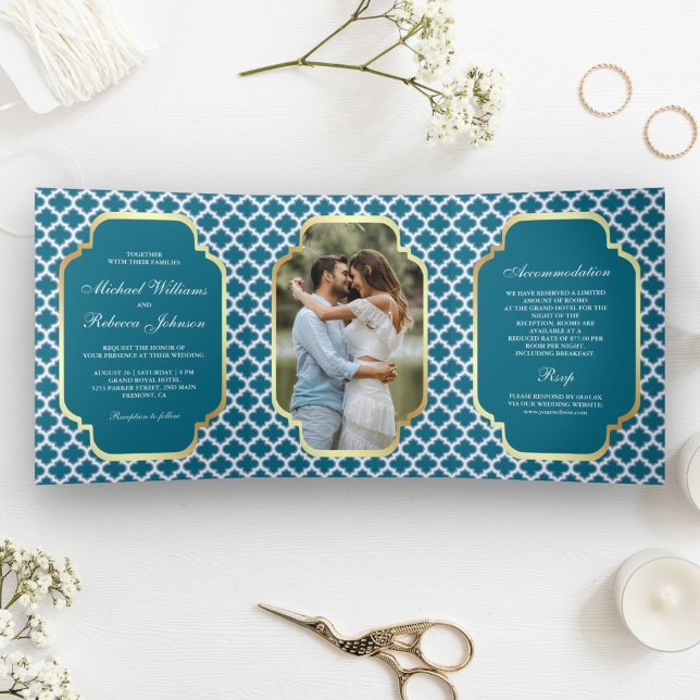 Blue Moroccan Quatrefoil Pattern Wedding Photo Tri-Fold Invitation (Creator Uploaded)