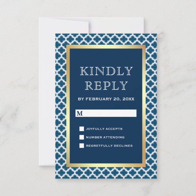 Blue Moroccan Quatrefoil Pattern Wedding RSVP Card (Front)