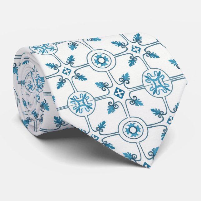Blue Moroccan Tile Pattern Tie (Rolled)