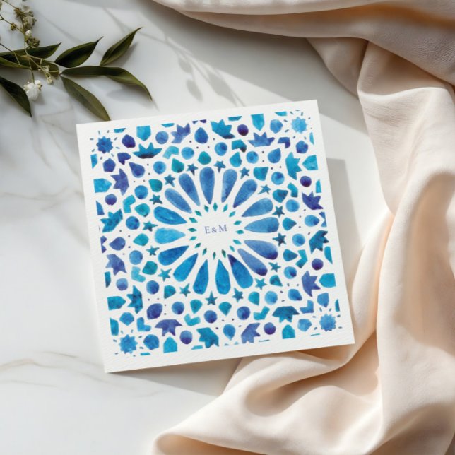 Blue Moroccan Tiles Initials Wedding Logo Napkin (Creator Uploaded)