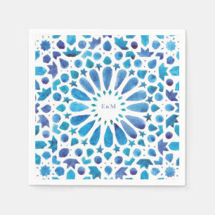 Blue Moroccan Tiles Initials Wedding Logo Napkin