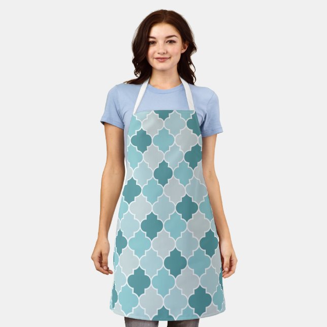 Blue Moroccan Trellis, Latticework, Quatrefoil Apron (Worn)