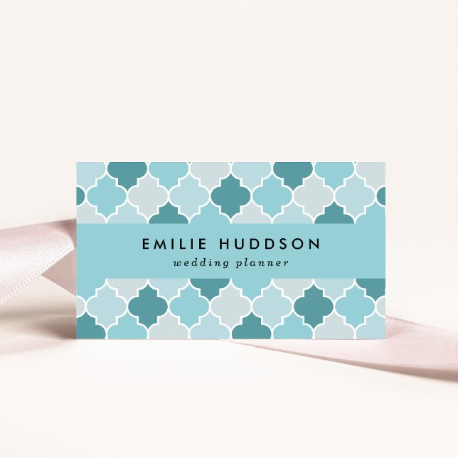 Blue Moroccan Trellis, Latticework, Quatrefoil Business Card (Creator Uploaded)
