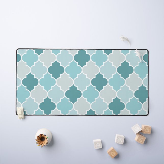 Blue Moroccan Trellis, Latticework, Quatrefoil Desk Mat (Kids Table)
