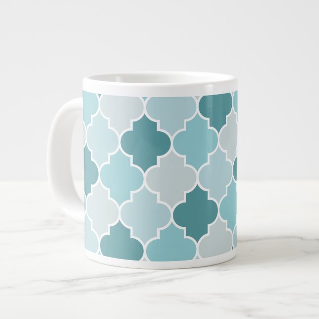 Blue Moroccan Trellis, Latticework, Quatrefoil Large Coffee Mug (Front Left)
