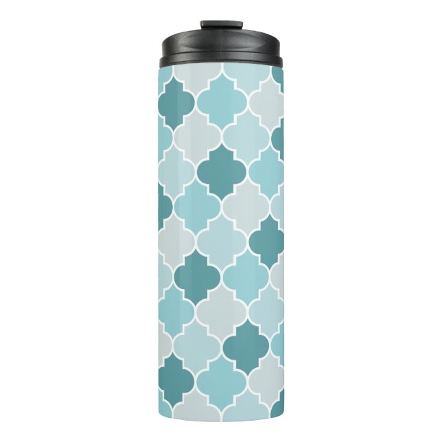 Blue Moroccan Trellis, Latticework, Quatrefoil Thermal Tumbler (Front)