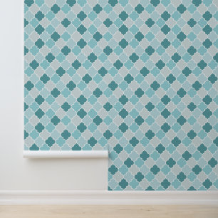 Blue Moroccan Trellis, Latticework, Quatrefoil Wallpaper