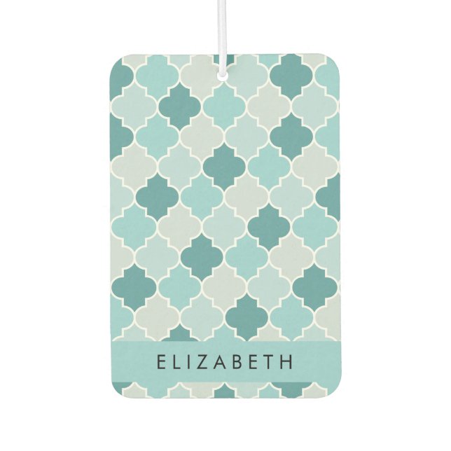 Blue Moroccan Trellis, Quatrefoil, Your Name Car Air Freshener (Front)