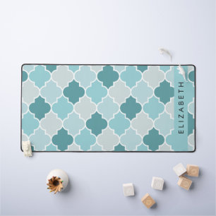 Blue Moroccan Trellis, Quatrefoil, Your Name Desk Mat