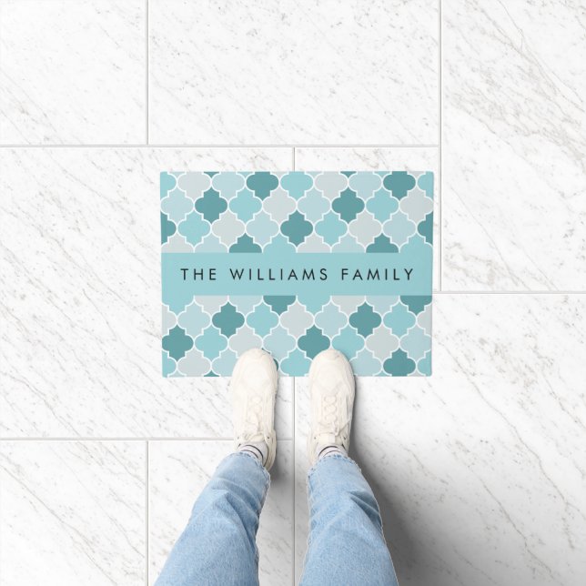 Blue Moroccan Trellis, Quatrefoil, Your Name Doormat (Indoor)