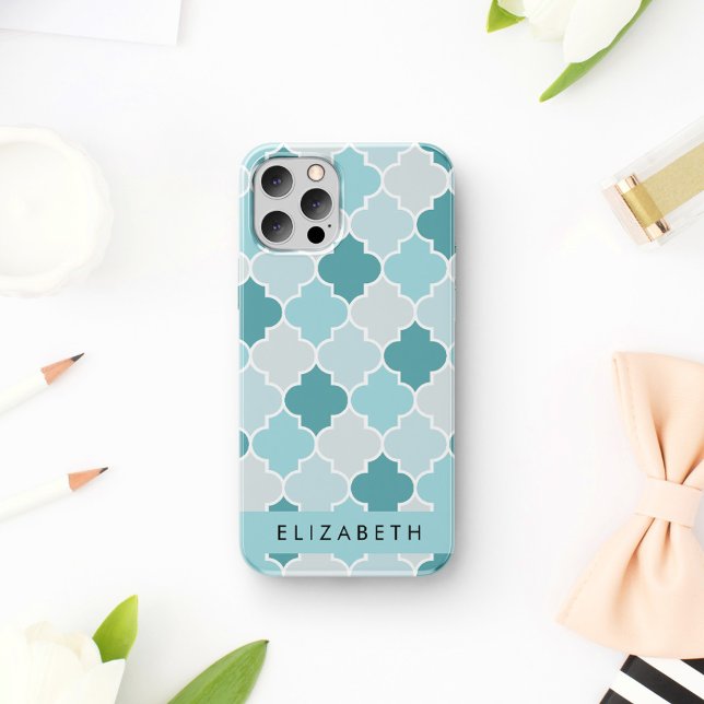 Blue Moroccan Trellis, Quatrefoil, Your Name iPhone 16 Case (Creator Uploaded)
