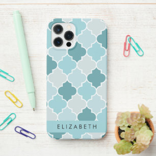 Blue Moroccan Trellis, Quatrefoil, Your Name iPhone 12 Pro Case