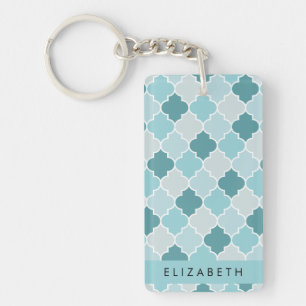 Blue Moroccan Trellis, Quatrefoil, Your Name Key Ring