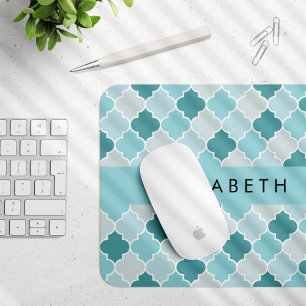 Blue Moroccan Trellis, Quatrefoil, Your Name Mouse Mat
