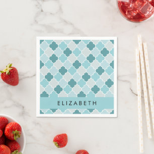 Blue Moroccan Trellis, Quatrefoil, Your Name Napkin
