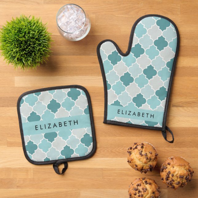 Blue Moroccan Trellis, Quatrefoil, Your Name Oven Mitt & Pot Holder Set (Top Down)