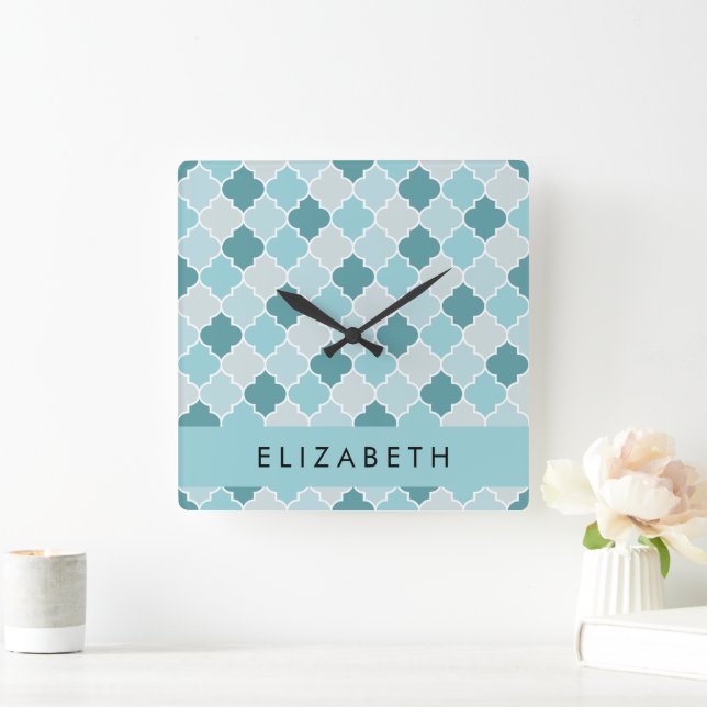 Blue Moroccan Trellis, Quatrefoil, Your Name Square Wall Clock (Home)