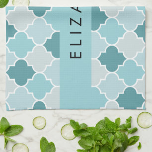 Blue Moroccan Trellis, Quatrefoil, Your Name Tea Towel