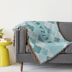 Blue Moroccan Trellis, Quatrefoil, Your Name Throw Blanket