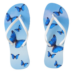 Blue Morpho Butterflies Flying in Sky Flip Flops