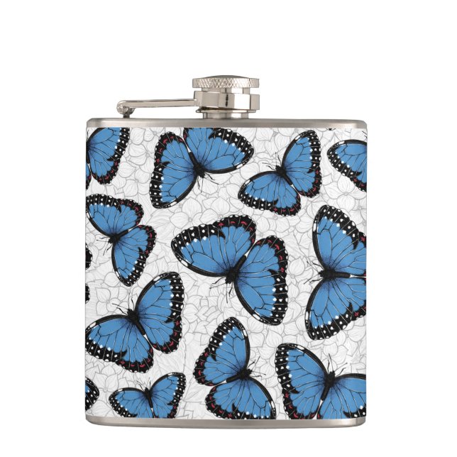 Blue morpho butterflies hip flask (Front)
