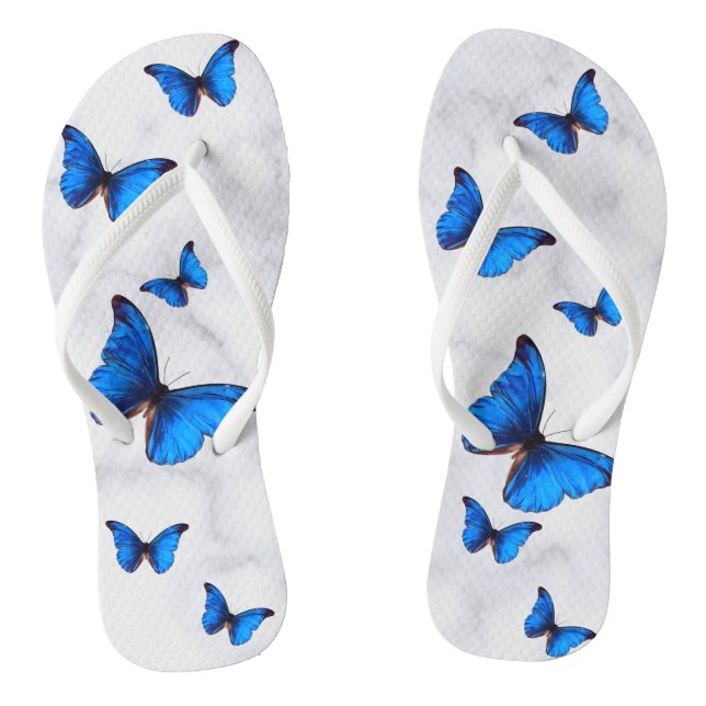 Blue Morpho Butterflies in Flight Marbled Flip Flops (Footbed)